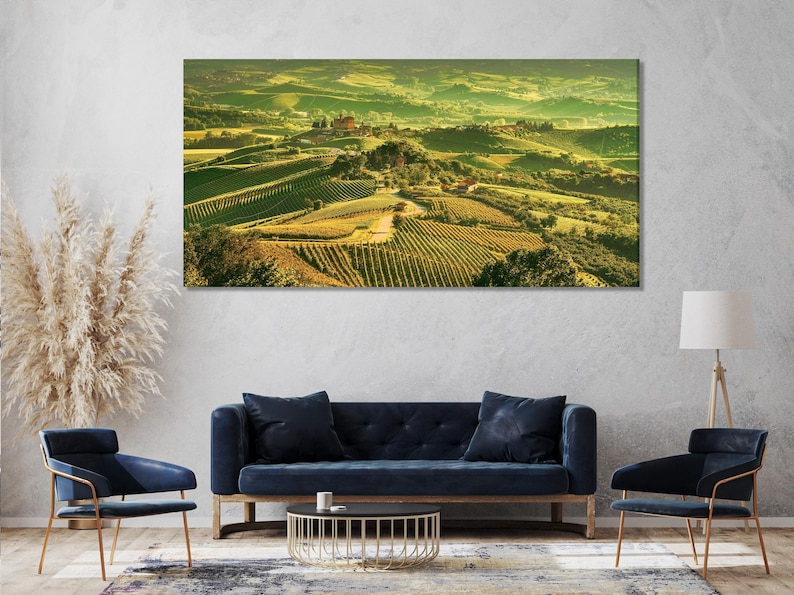 Sunlit countryside vineyard landscape with patterned rows of green hills and warm golden highlights