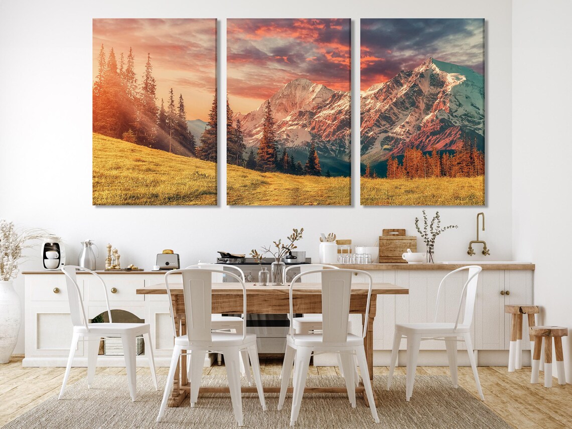 Room mockup showing a sofa and wall with five vertical mountain landscape artworks
