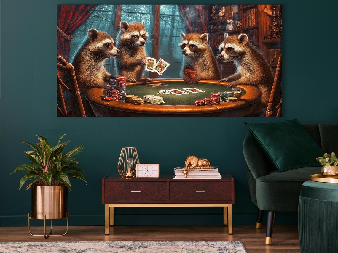 Room mockup showing a raccoon poker artwork above a wooden sideboard