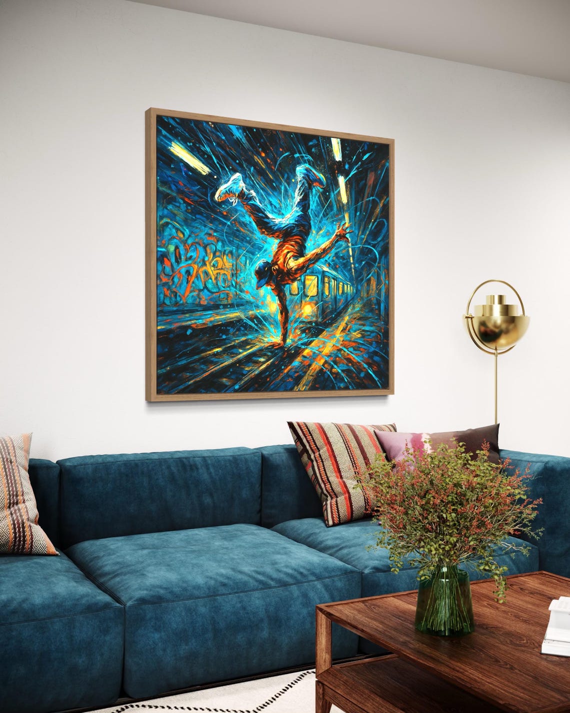 Neon blue breakdancer figure in a graffiti street art scene with orange and yellow streaks detail view