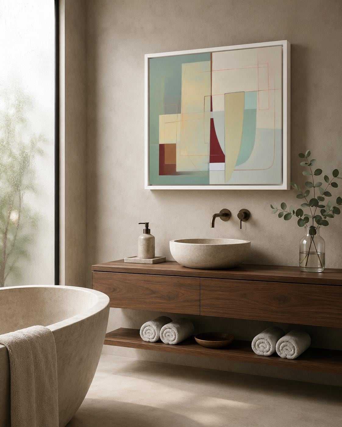 A framed abstract geometric composition combines muted sage and terracotta blocks with cream and burgundy lines in a balanced, mid-century style