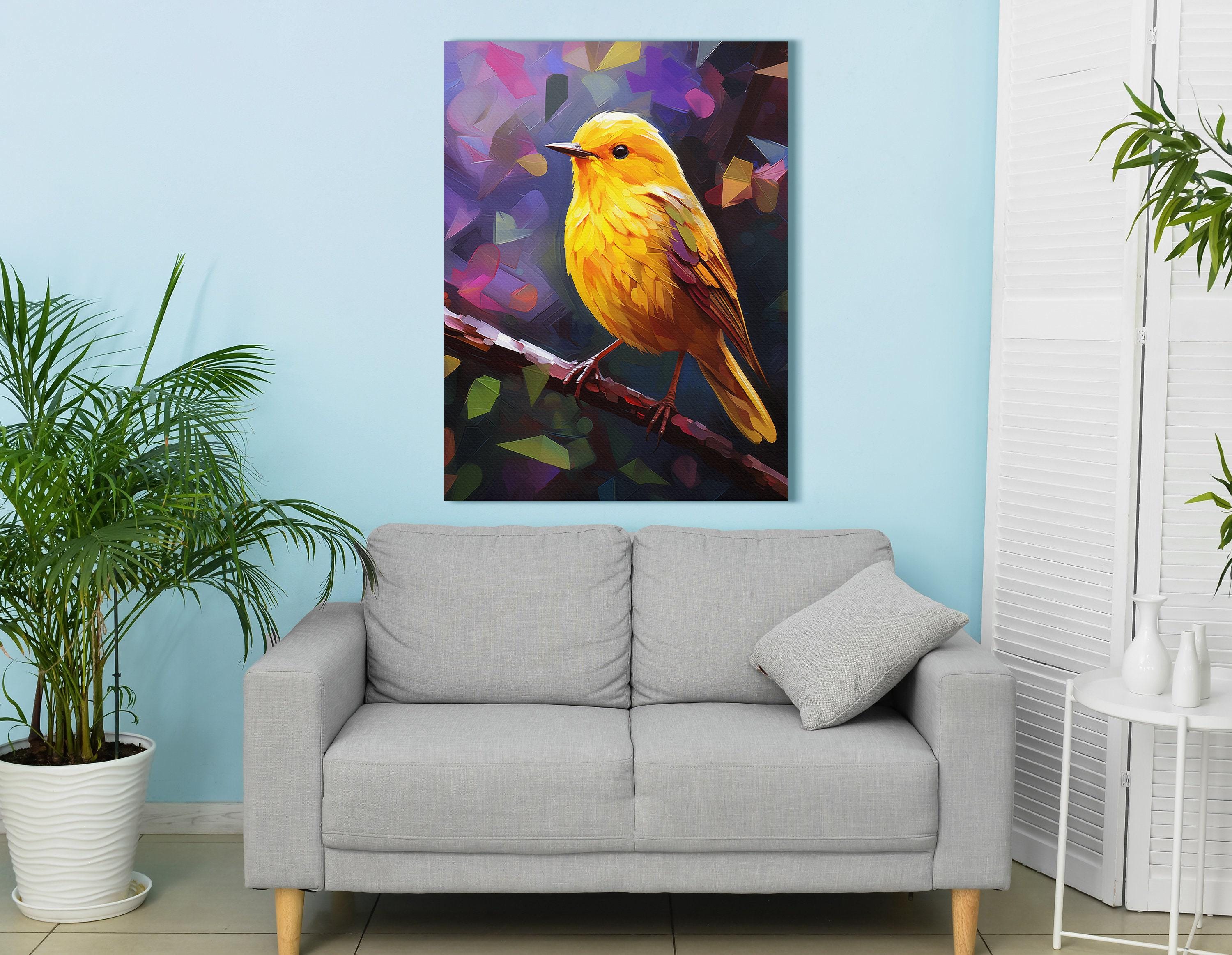 Stylised yellow and orange bird portrait with layered feathers on a purple and pink geometric background detail view