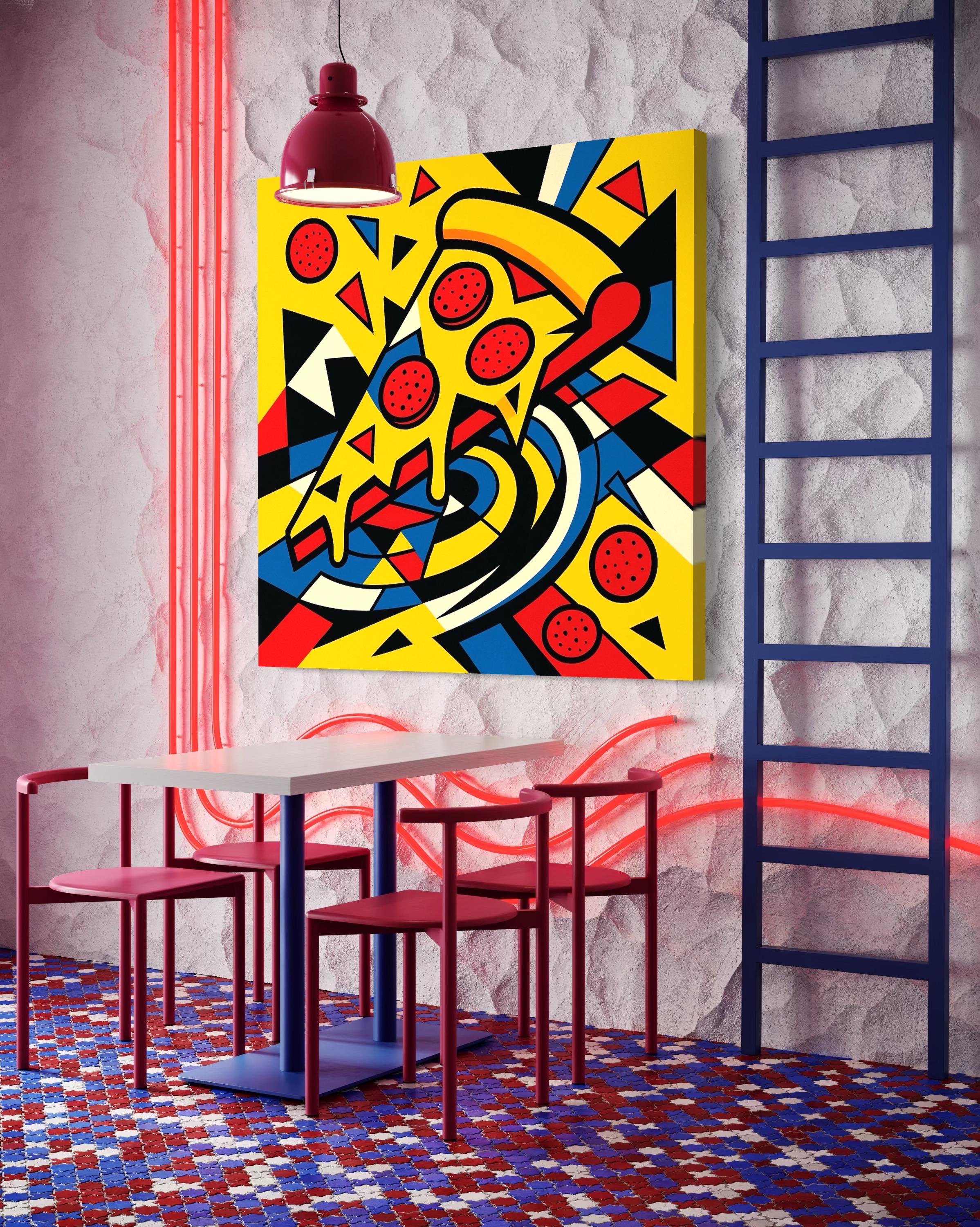 Pop art pizza slice illustration with yellow, red and blue geometric shapes and thick black outlines detail view