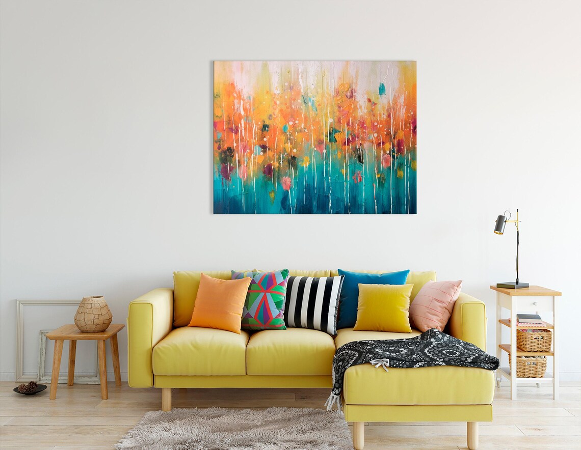 Abstract floral artwork with turquoise and teal tones, warm orange and coral accents, and white paint splatters detail view