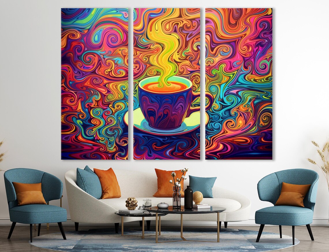 A vivid neon swirl illustration shows a purple coffee cup with rainbow steam, surrounded by tightly curling ornamental patterns detail view