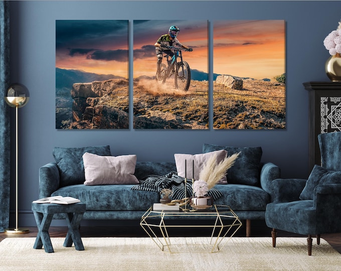 Mountain Biker Canvas Print, Large Sunset Trail Wall Art, Oversized Sports Decor, Perfect Gift bike lover, Dynamic Game or Sports Room Decor
