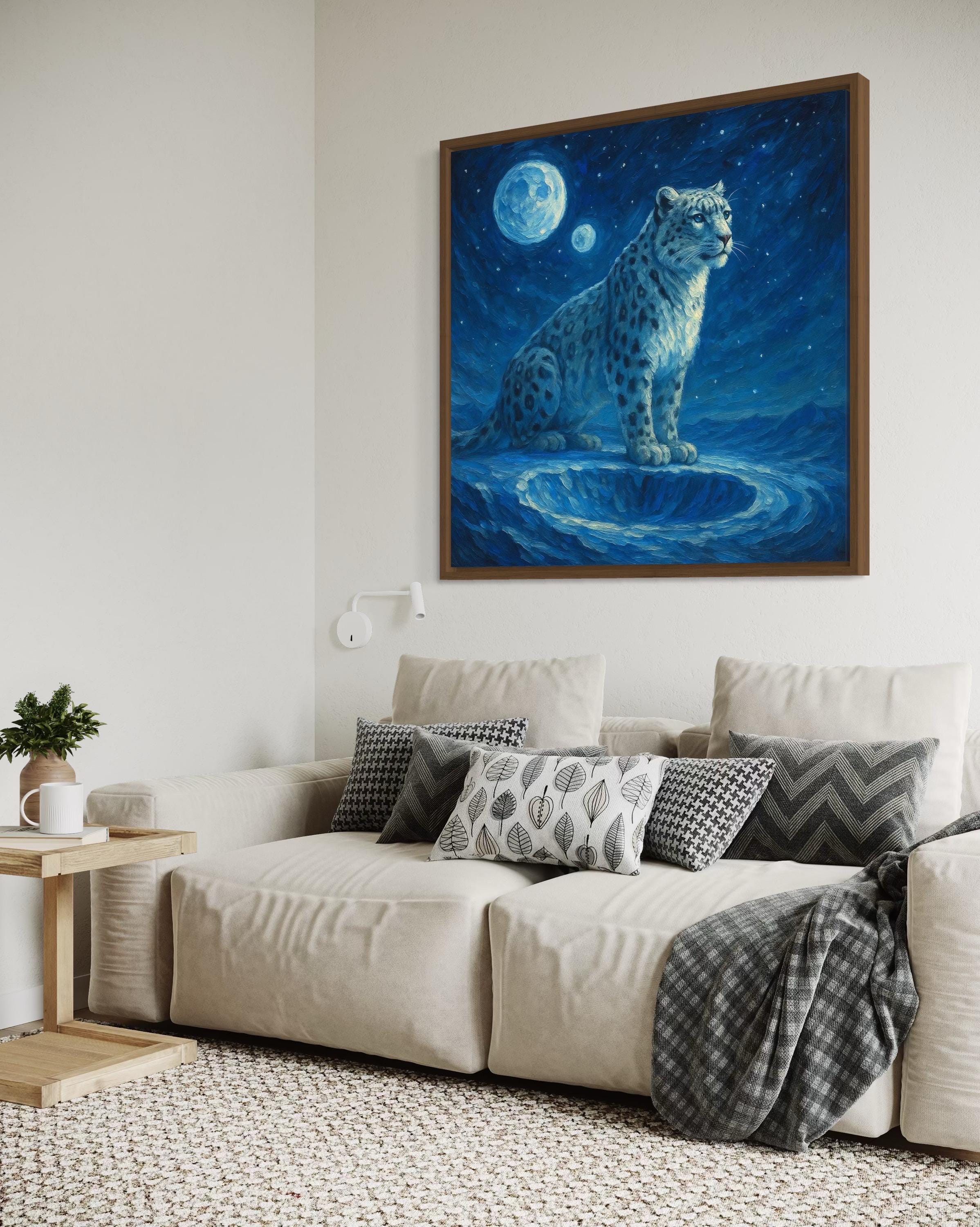 A snow leopard sits on a blue ledge beneath a glowing moon and starry night sky detail view