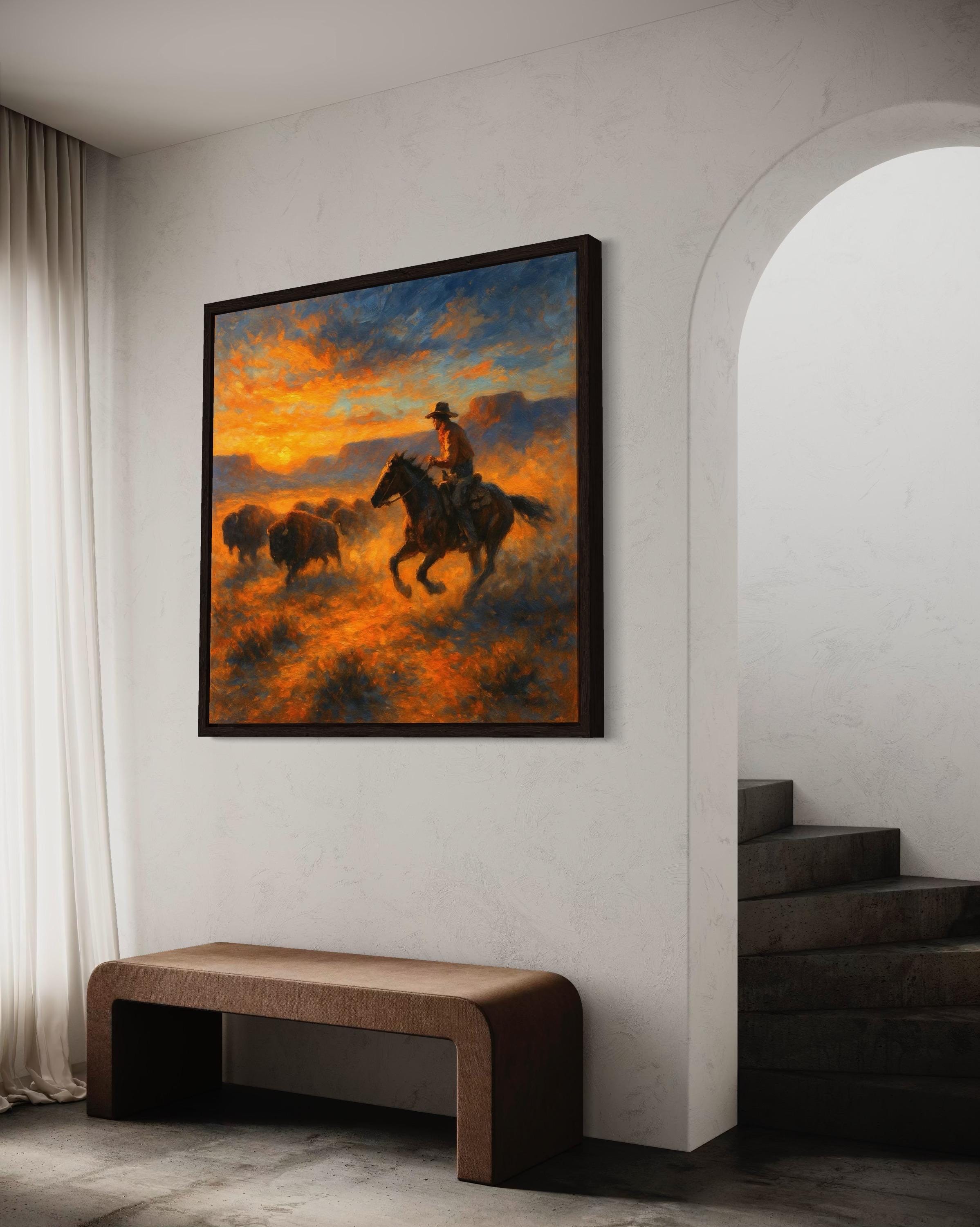 Western sunset painting showing a rider on horseback herding a buffalo herd across an orange and blue sky detail view