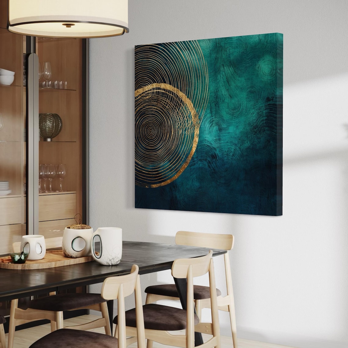 Abstract emerald teal design with concentric tree-ring lines in deep navy and gold accents, plus a small sprig detail view