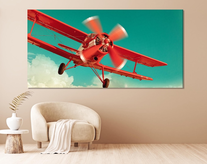 Vintage Red Airplane Canvas Print – Retro Aviation Wall Art, Dynamic Biplane Sky Scene, Modern Aeronautical Decor for Living Room or Office