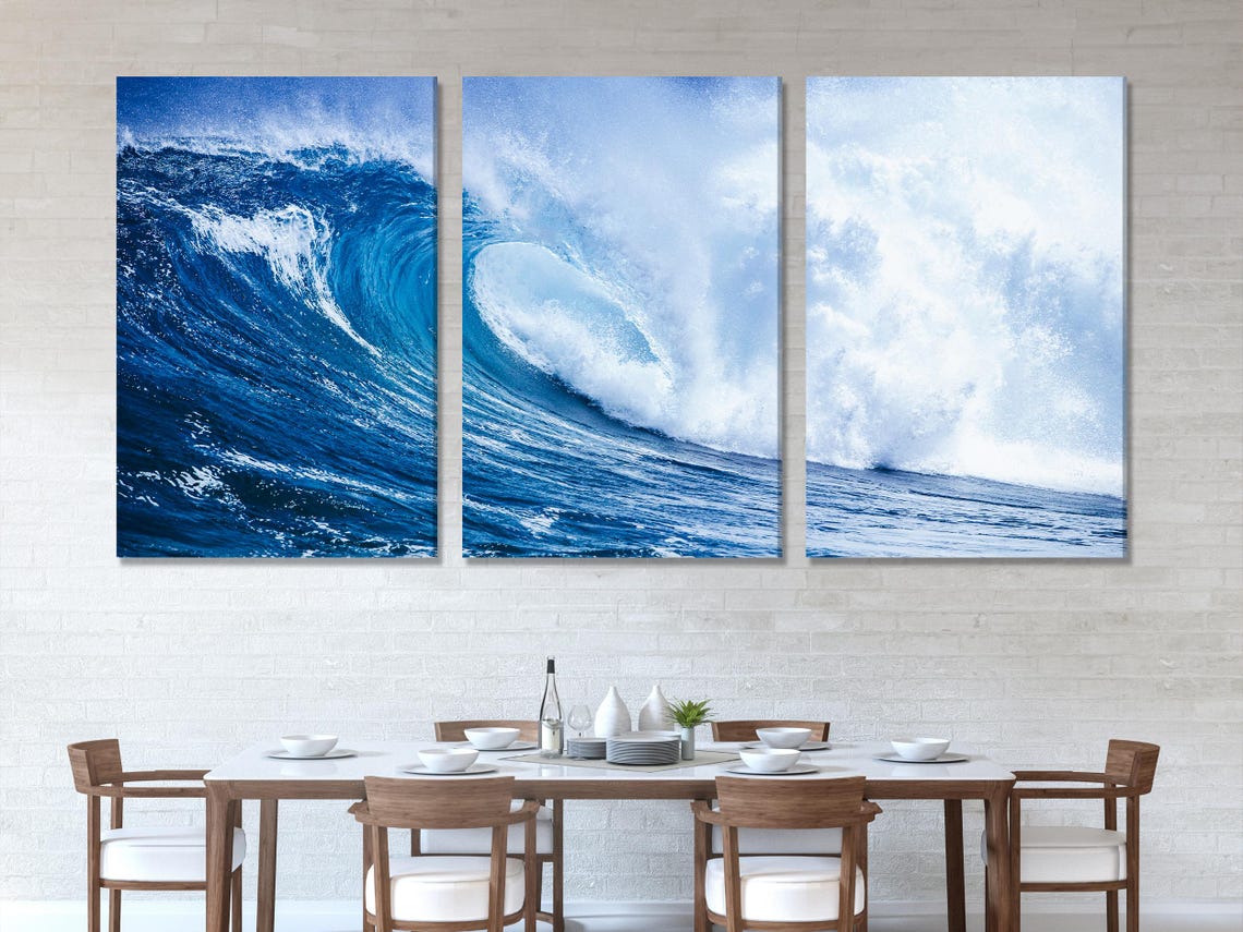 A split set of ocean wave scenes shows a powerful crest breaking, with deep blues and foamy white spray against a bright sky backdrop detail view