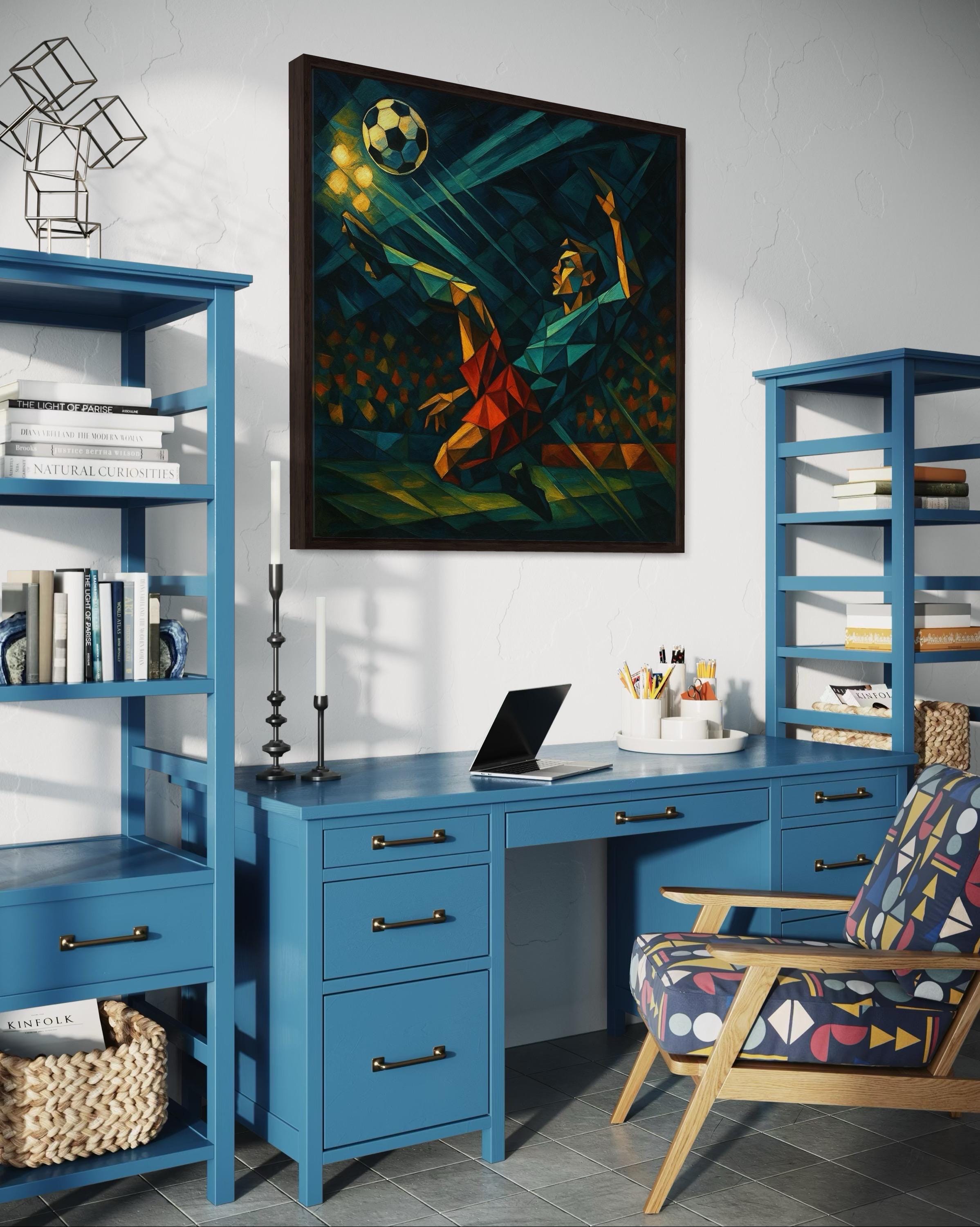 Artwork of geometric low-poly soccer scene hung on a wall above a bench and chair