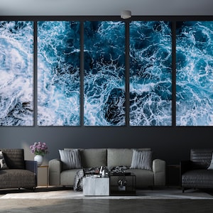 Ocean Waves Wandkunst - Große Küstenwand Kunst, Meereswellen Kunstwerk, Moderne Büro Wanddekoration, Nautische Wandkunst, Tiefblaue Seelandschaft Leinwand Kunst