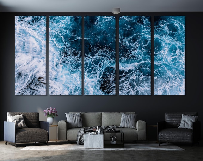 Deep Blue Seascape Canvas Art - Ocean Waves Wall Art Large Coastal Art Print Sea Wave Artwork Contemporary Office Wall Decor Nautical Prints