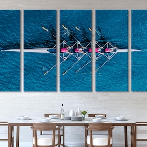 Rowing Team Aerial Canvas Wall Art Set of 5, Blue Water Sports Photography Print, Large Multi Panel Crew Boat Décor for Office or Gym