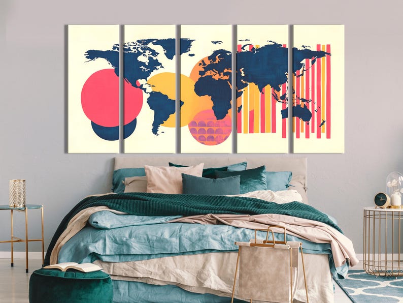 Geometric world map artwork with navy continents, coral stripes and a pink circle across five panels