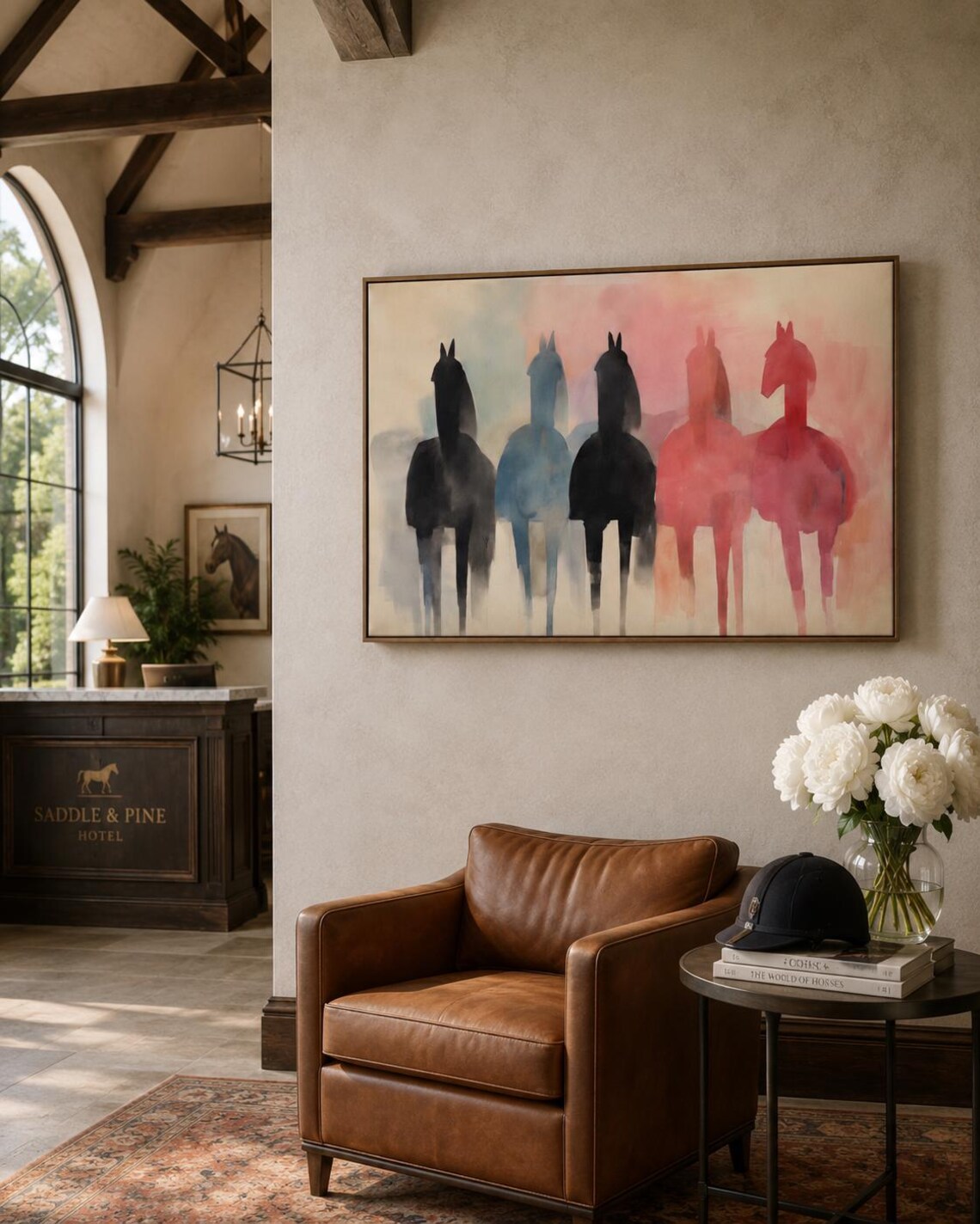 A person standing near a floor plant and a framed horse silhouette artwork on a wall