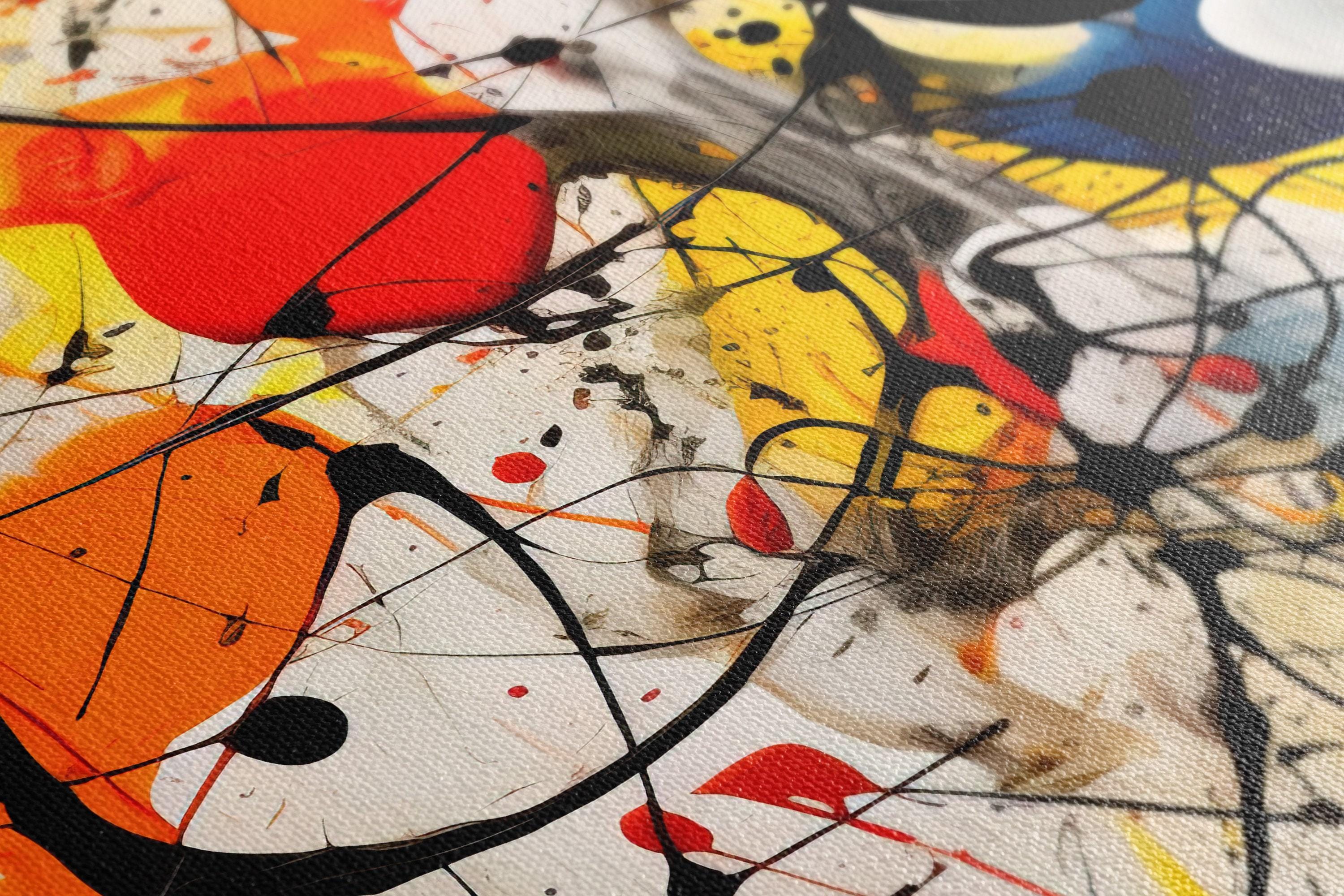 Abstract splatter artwork with black looping lines and red, orange, yellow and blue paint bursts on a white background detail view