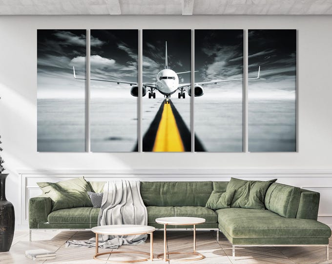 Aviation Wall Art Canvas Print, Extra Large Modern Airplane Wall Art, Black and White Aircraft Decor for Living Room or Office Gift Art Idea