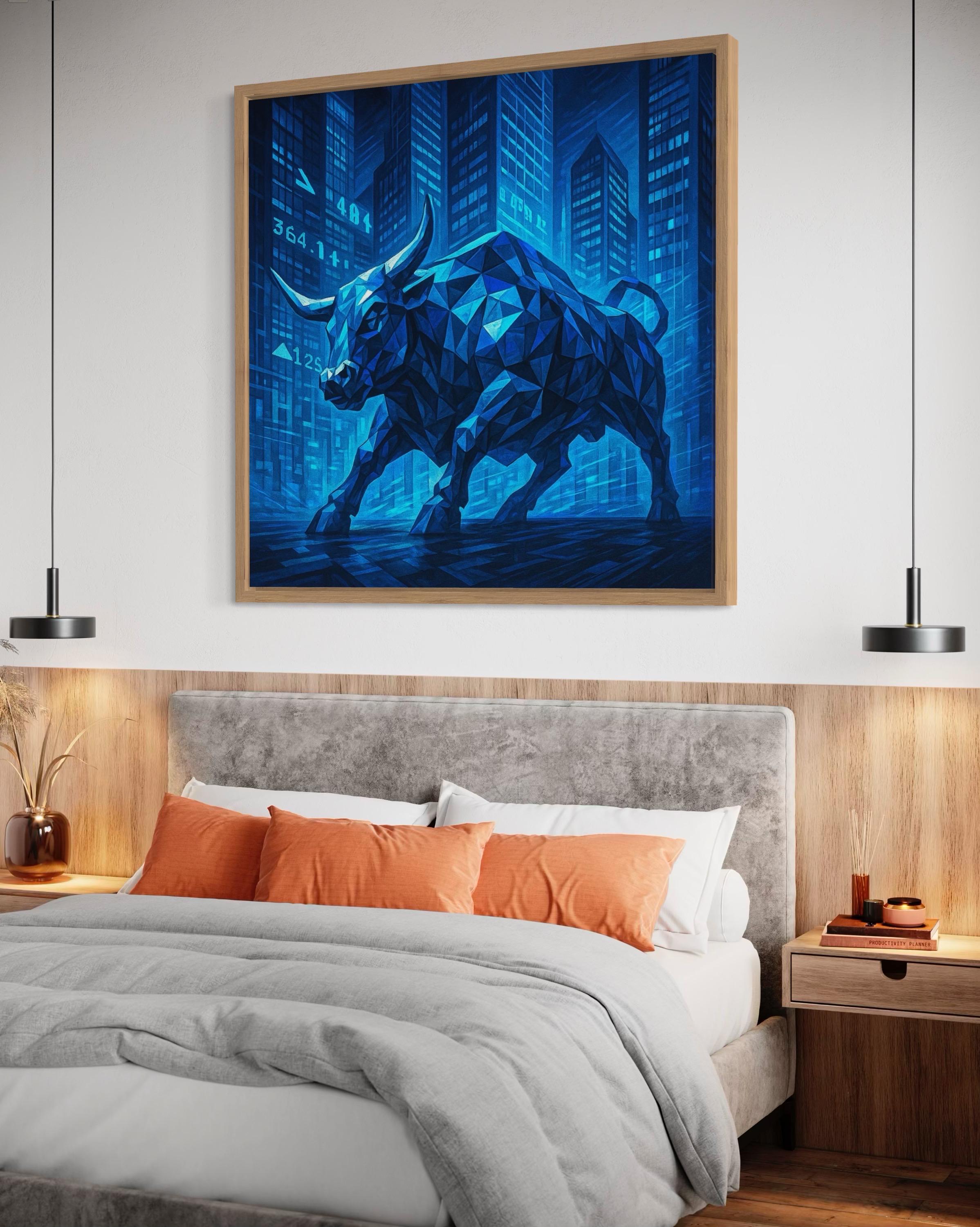 A geometric blue bull stands in a stylised city canyon, its facets catching bright cyan highlights against deep navy buildings and street markings