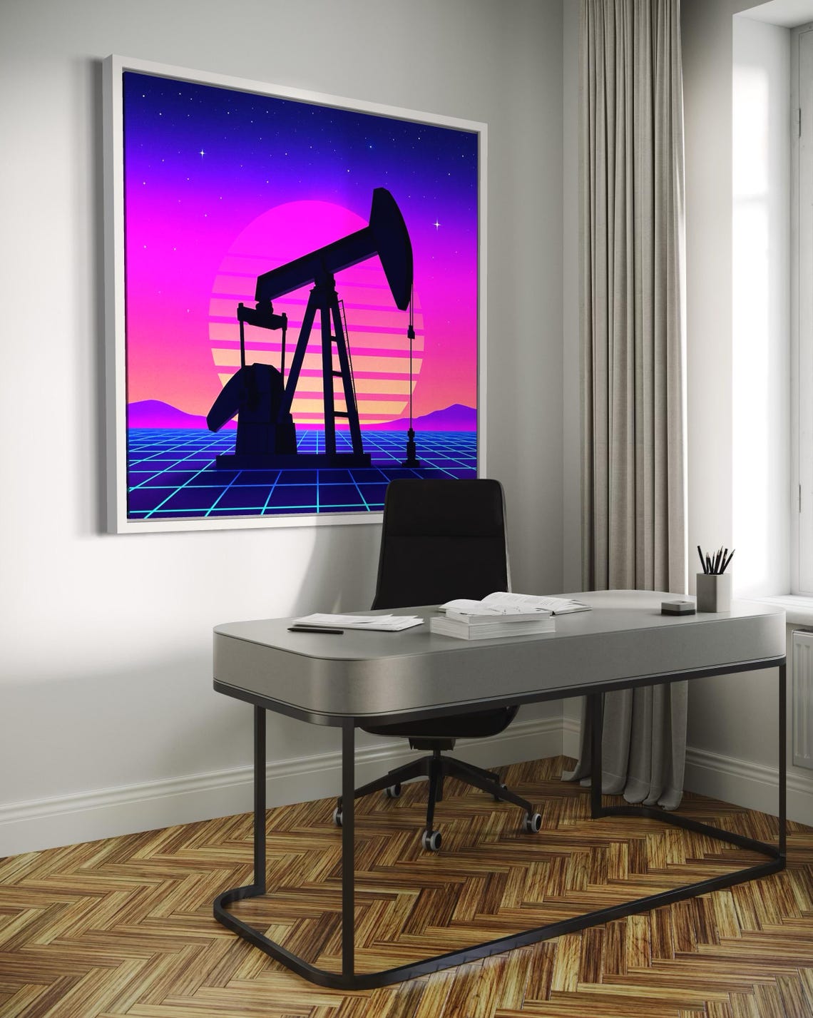 Neon synthwave oil pumpjack artwork displayed on a framed wall above a wooden media console with plants nearby