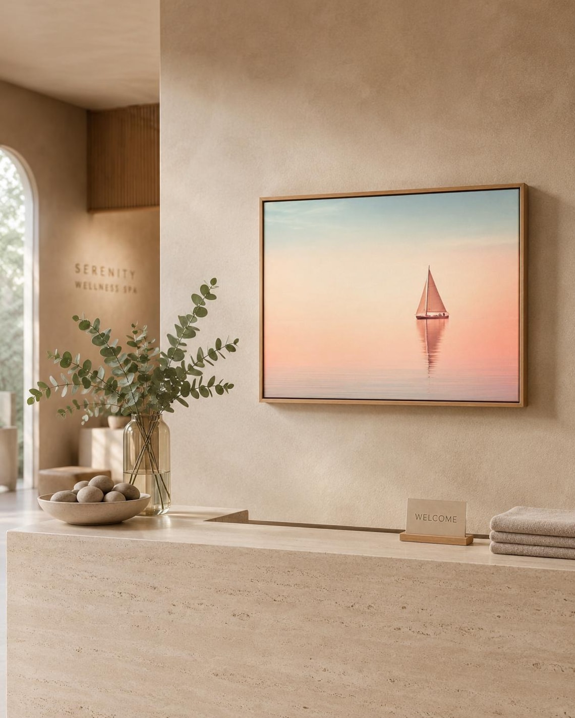 Bedroom scene with a framed pastel sailboat seascape above a bed
