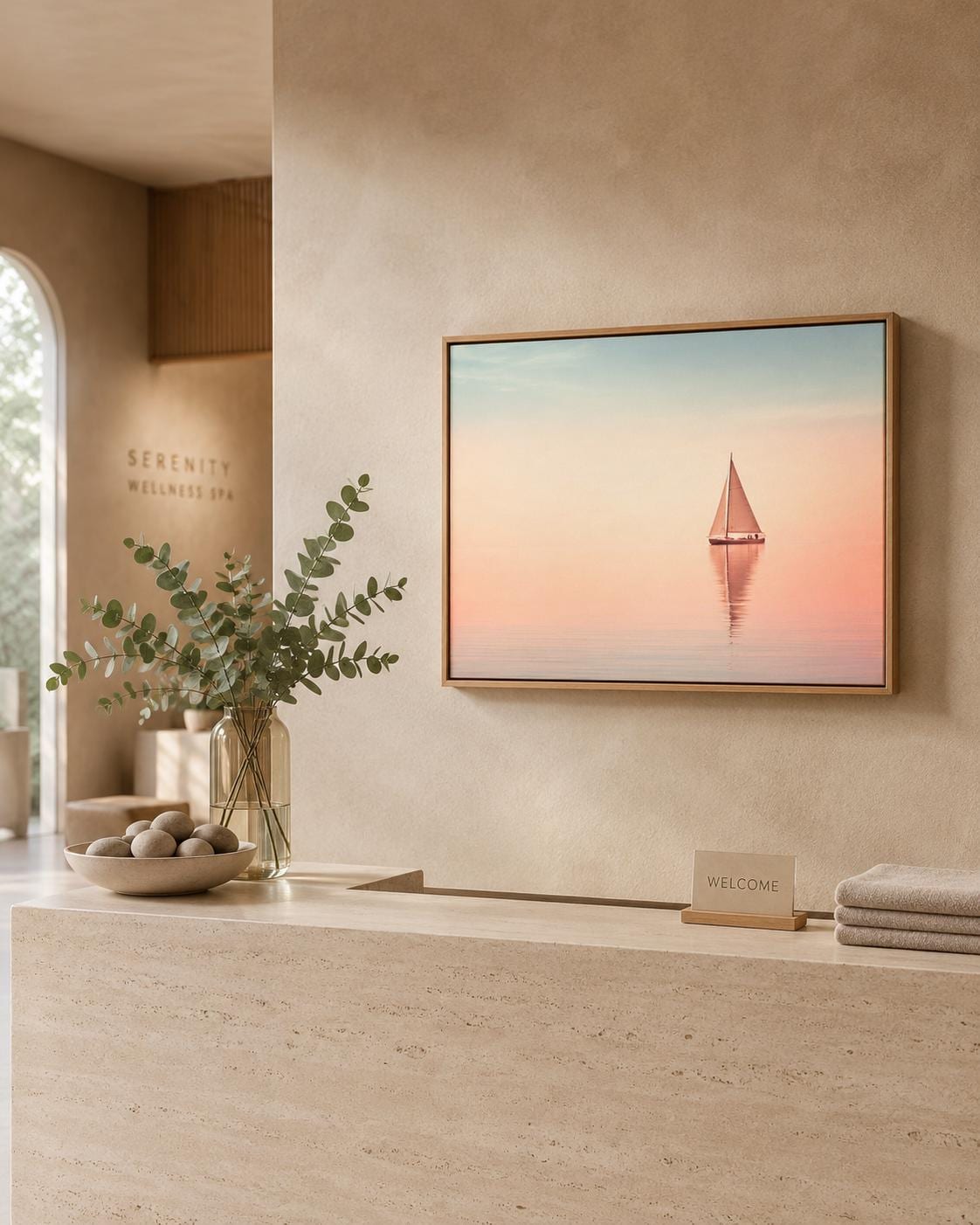 Bedroom scene with a framed pastel sailboat seascape above a bed