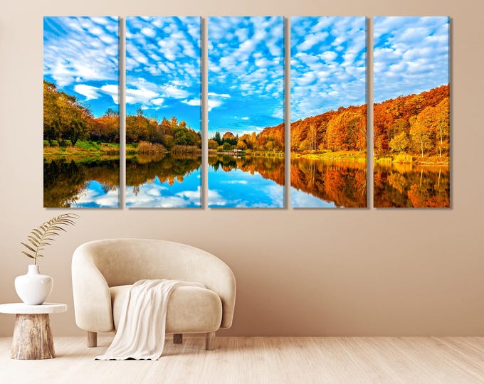 Autumn Lake Wall Art, 5-Panel Massachusetts Mountain Landscape Canvas Print, Large Fall Nature Art Print, Scenic Mountains Wall Art Painting