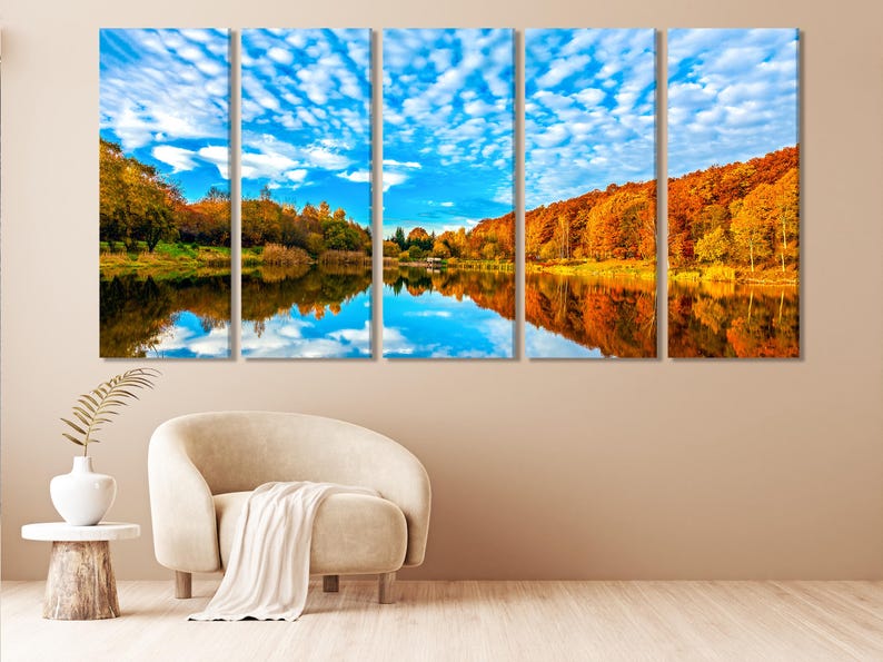Five-panel autumn lake landscape with blue sky, orange trees and mirrored water reflections