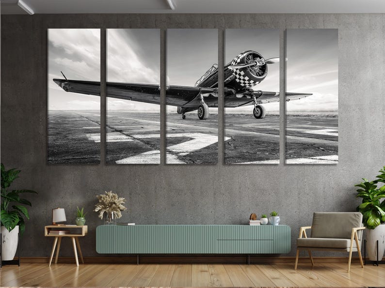 Black and white multi-panel image of a vintage airplane on a runway under a cloudy sky