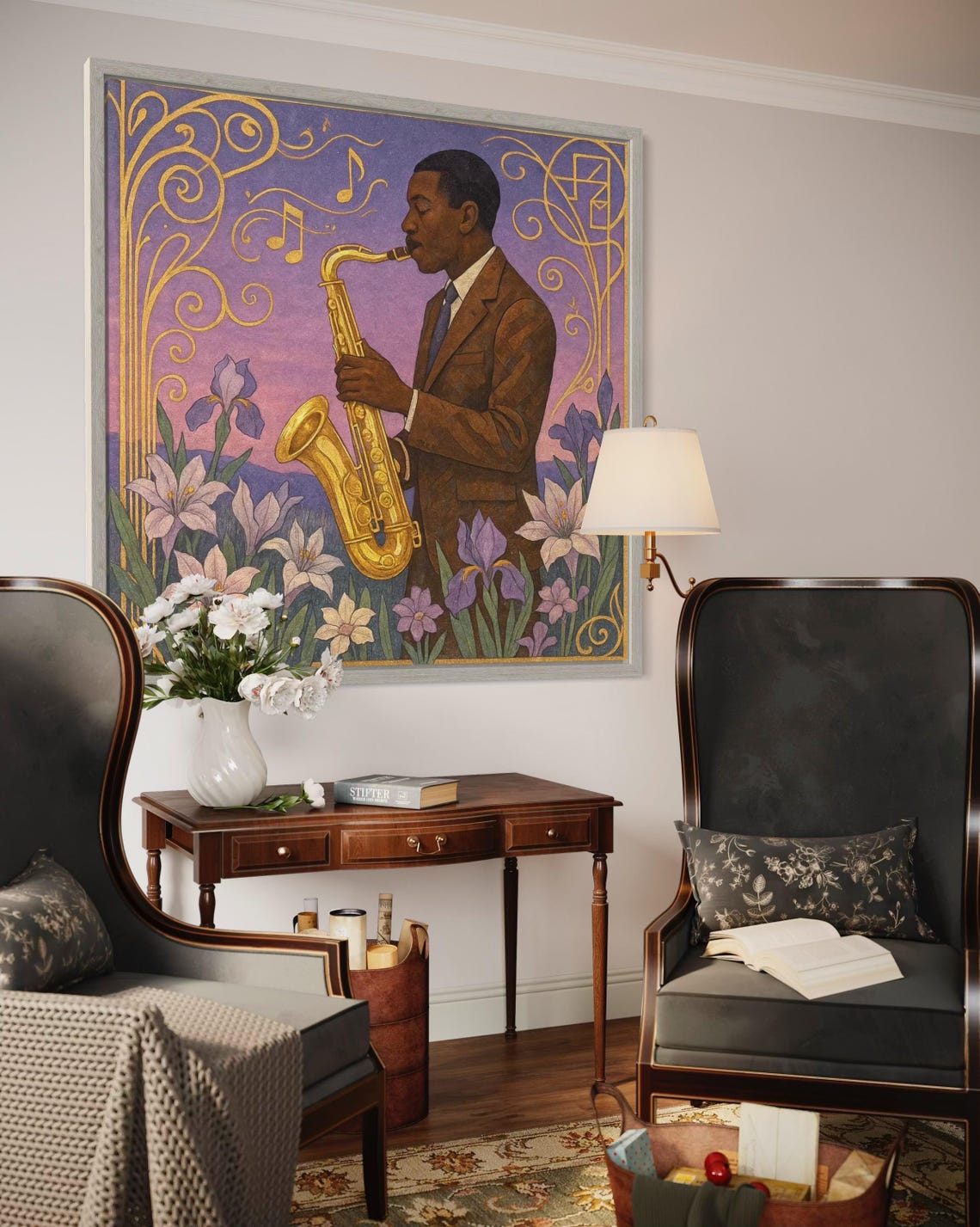 Framed saxophonist wall artwork displayed in a modern interior with marble fireplace surround