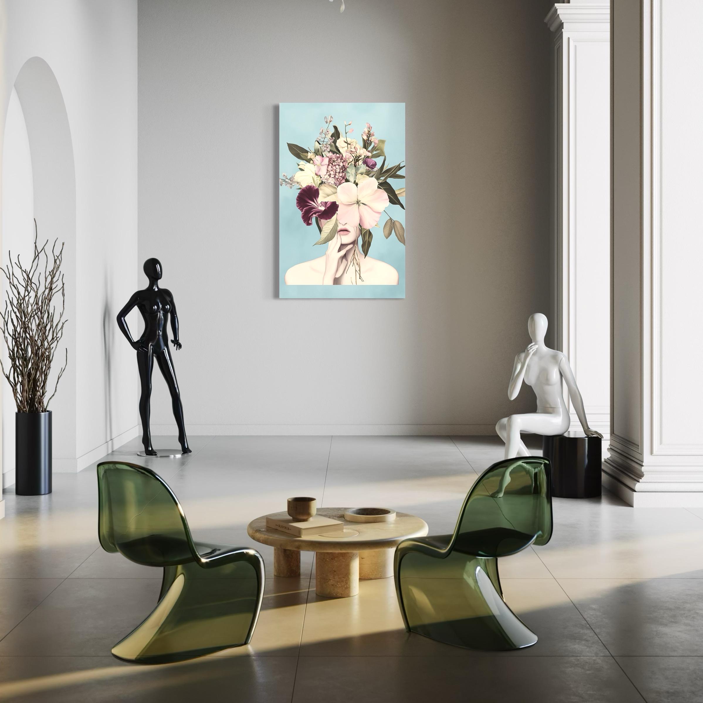 Artwork of a pastel floral woman portrait displayed above a sofa in a living room mockup