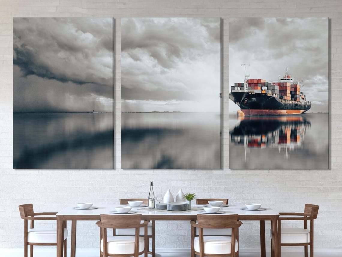 Modern room mockup featuring a cargo ship seascape artwork above a sofa