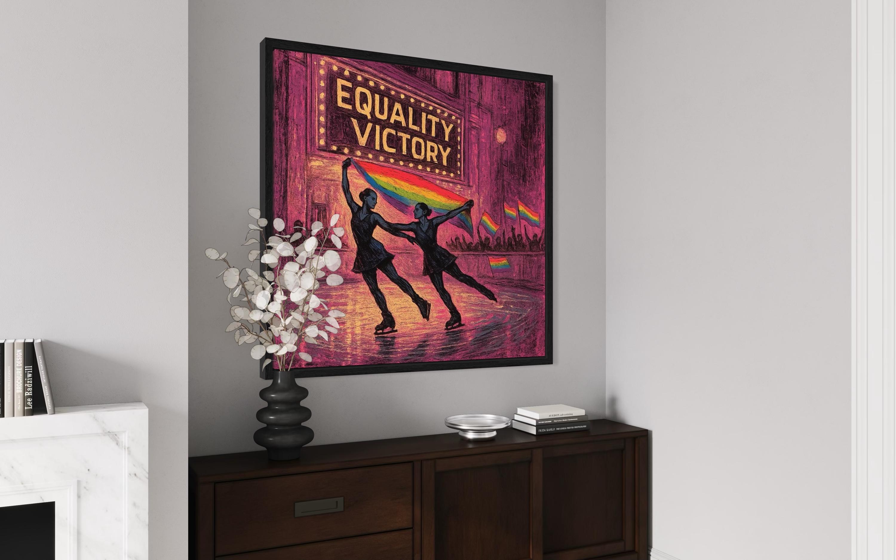 Room mockup showing Equality Victory wall art above a wooden console table