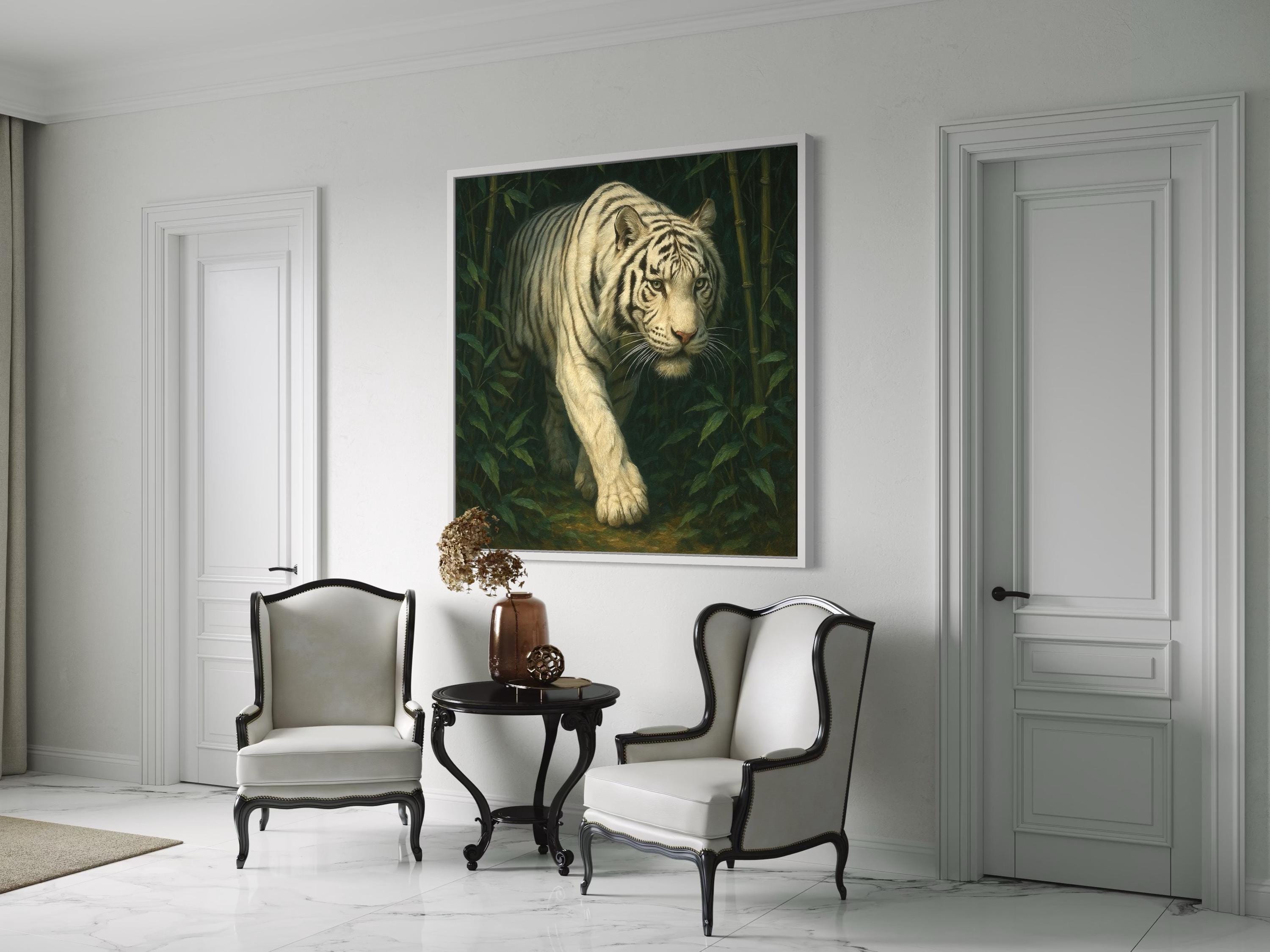Wall mockup with a framed white tiger jungle painting above a bench in front of teal scale-pattern wallpaper