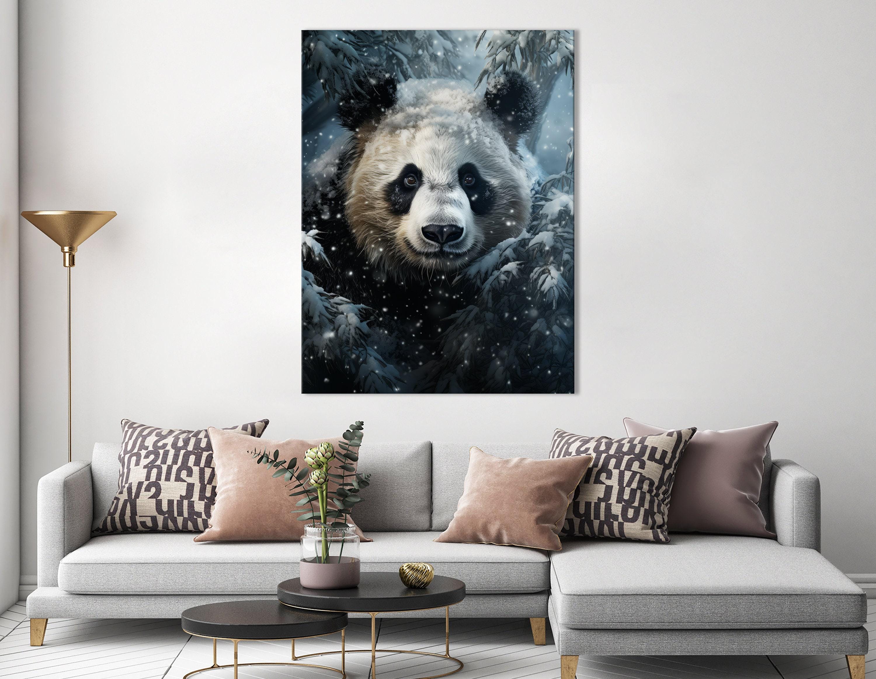 Snowy panda face artwork with falling snow and dark evergreen trees detail view
