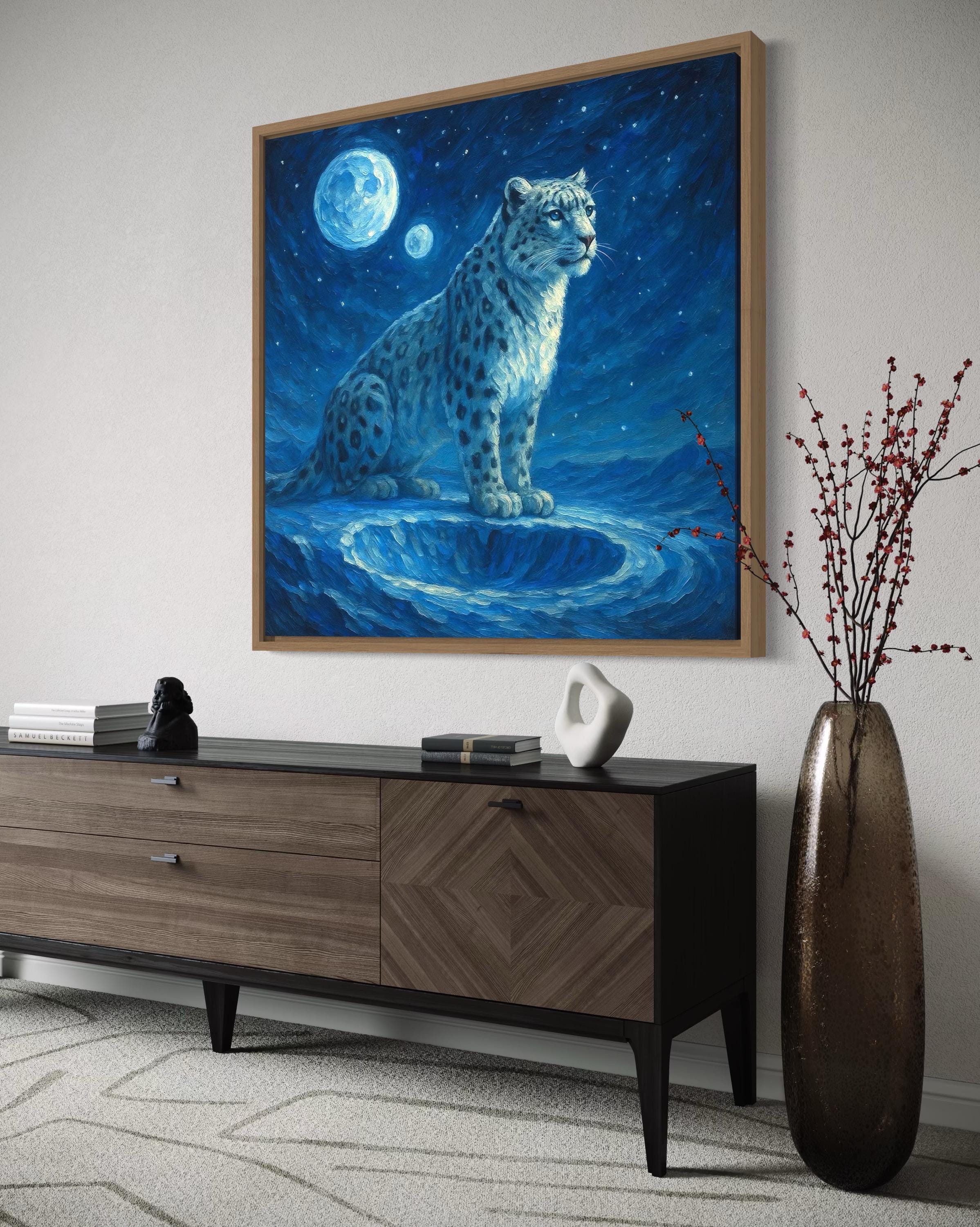 A snow leopard sits on a blue ledge beneath a glowing moon and starry night sky