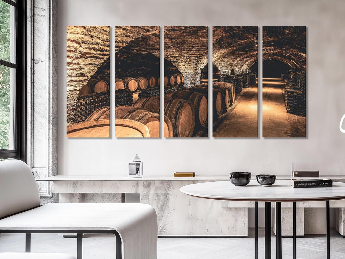 Realistic wine cellar corridor with rows of wooden barrels and warm amber lighting detail view