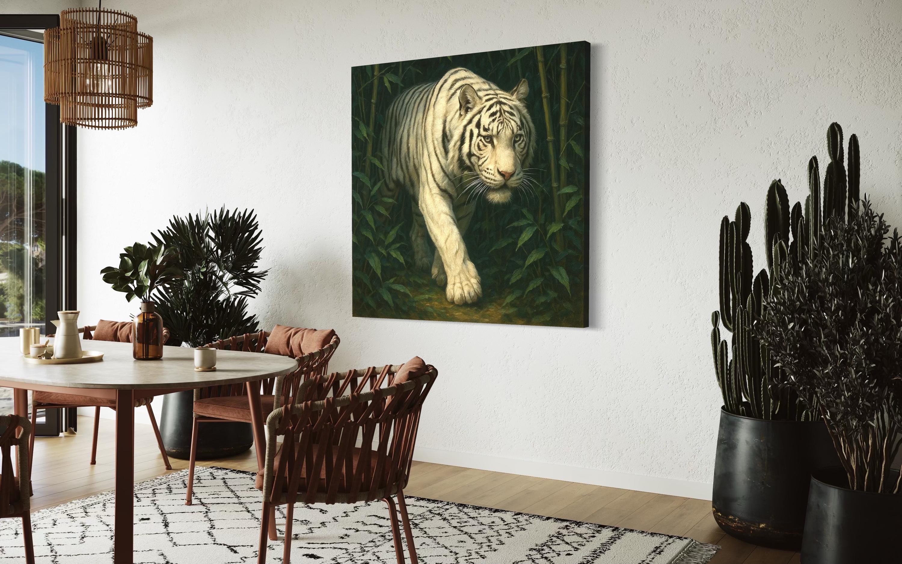 Wall mockup with a framed white tiger jungle painting above a bench in front of teal scale-pattern wallpaper