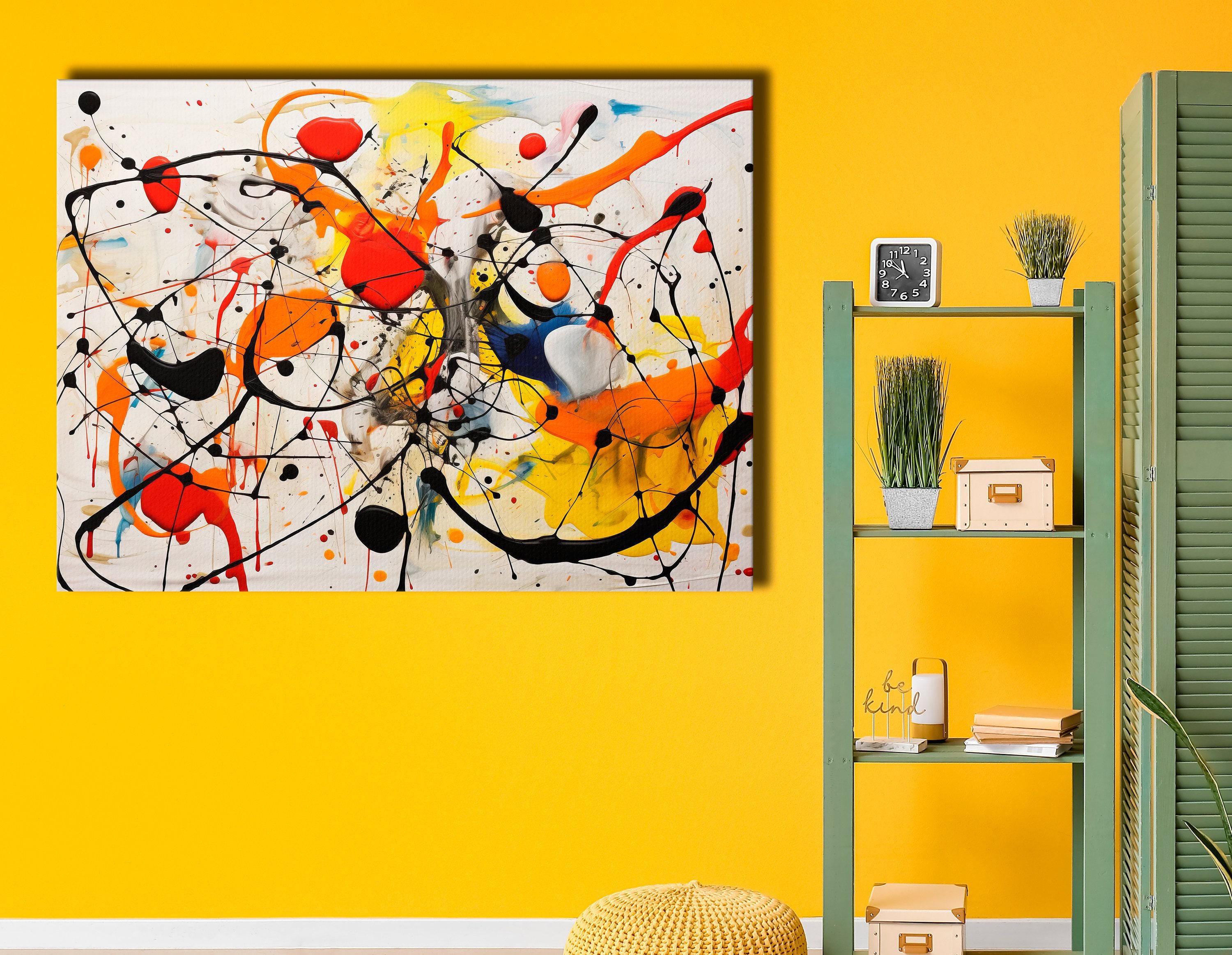 Abstract splatter artwork with black looping lines and red, orange, yellow and blue paint bursts on a white background detail view