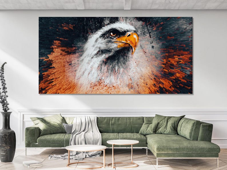 A pixelated eagle head fills the centre, rendered in white and grey with a vivid orange beak, set against a dark brick-like mosaic burst background