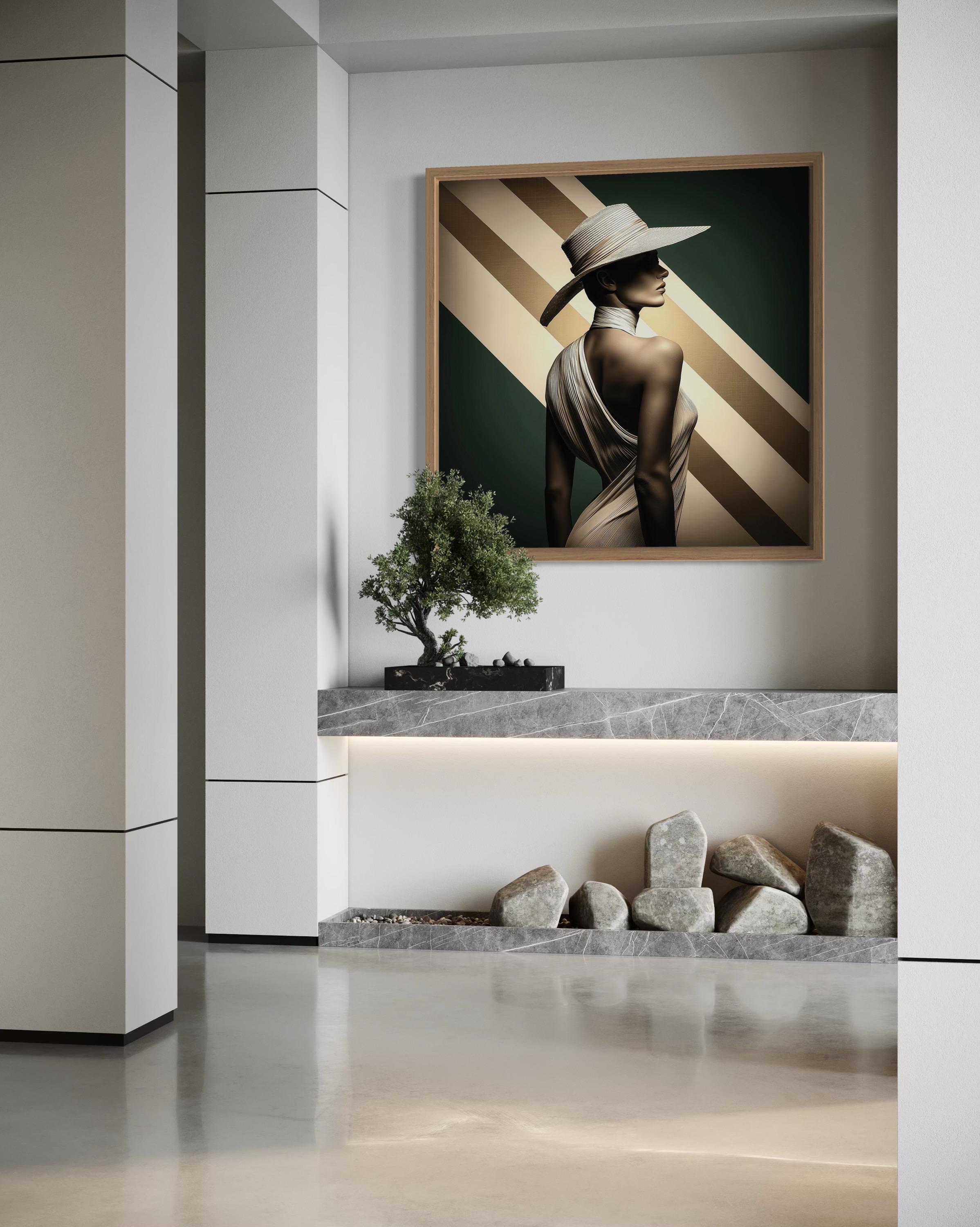 Modern room mockup showing a framed Art Deco style woman portrait above a console table