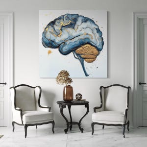 Abstract Brain Art - Neuroscience Wall Decor, Gold & Blue Brain Anatomy Canvas Print, Modern Science Artwork, Medical Office Wall Art