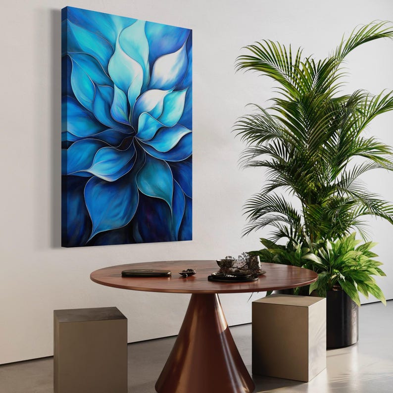Abstract blue floral artwork with layered petal shapes in deep navy and teal tones