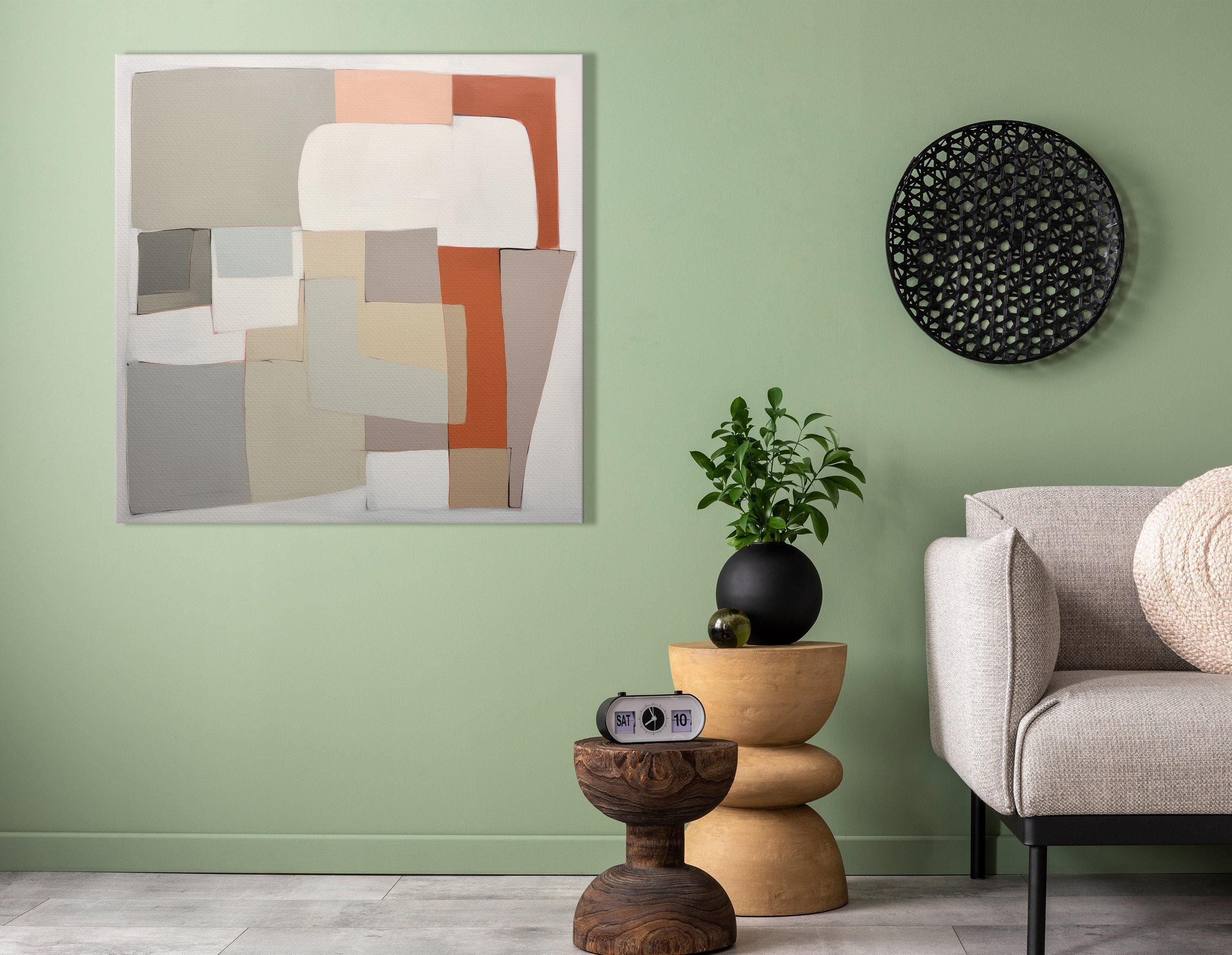 Neutral geometric abstract artwork with layered rectangles in cream, sage green and terracotta accents detail view