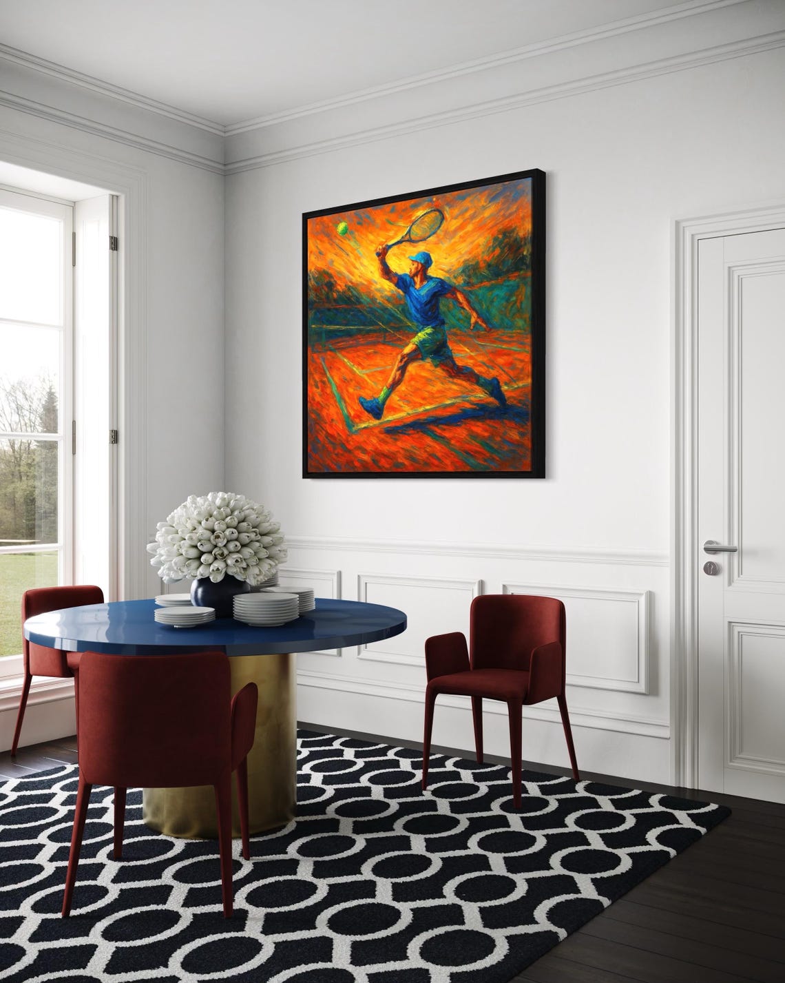 A painterly tennis player in blue is captured mid-serve on a vivid orange clay-court backdrop with dynamic strokes and green accents detail view