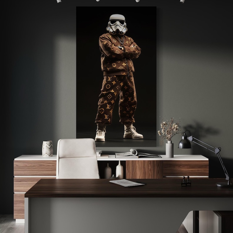 Stormtrooper character with arms crossed wearing a dark gold-patterned outfit against a black background