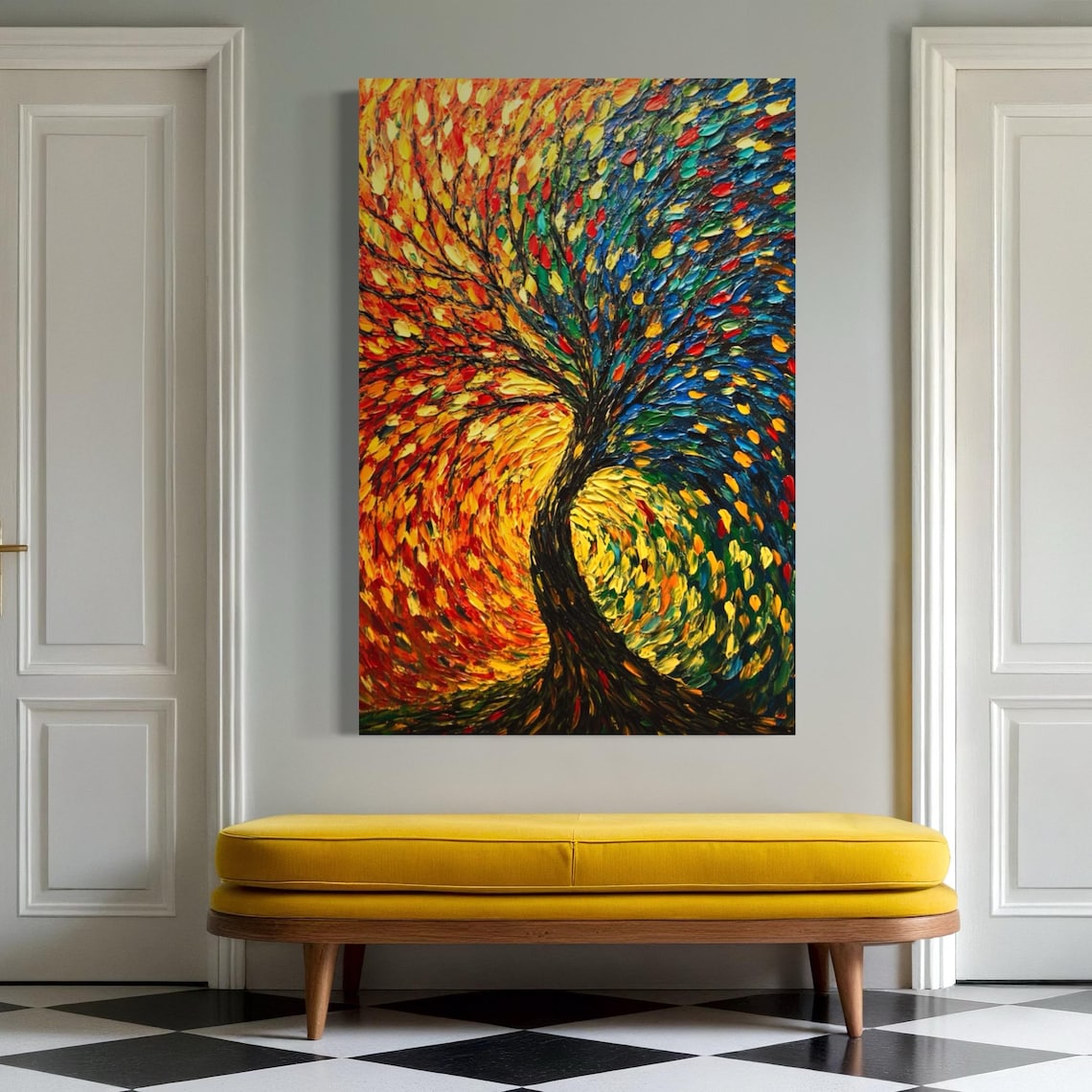 Colourful abstract tree artwork with a dark trunk and swirling canopy in red, yellow, blue and green detail view