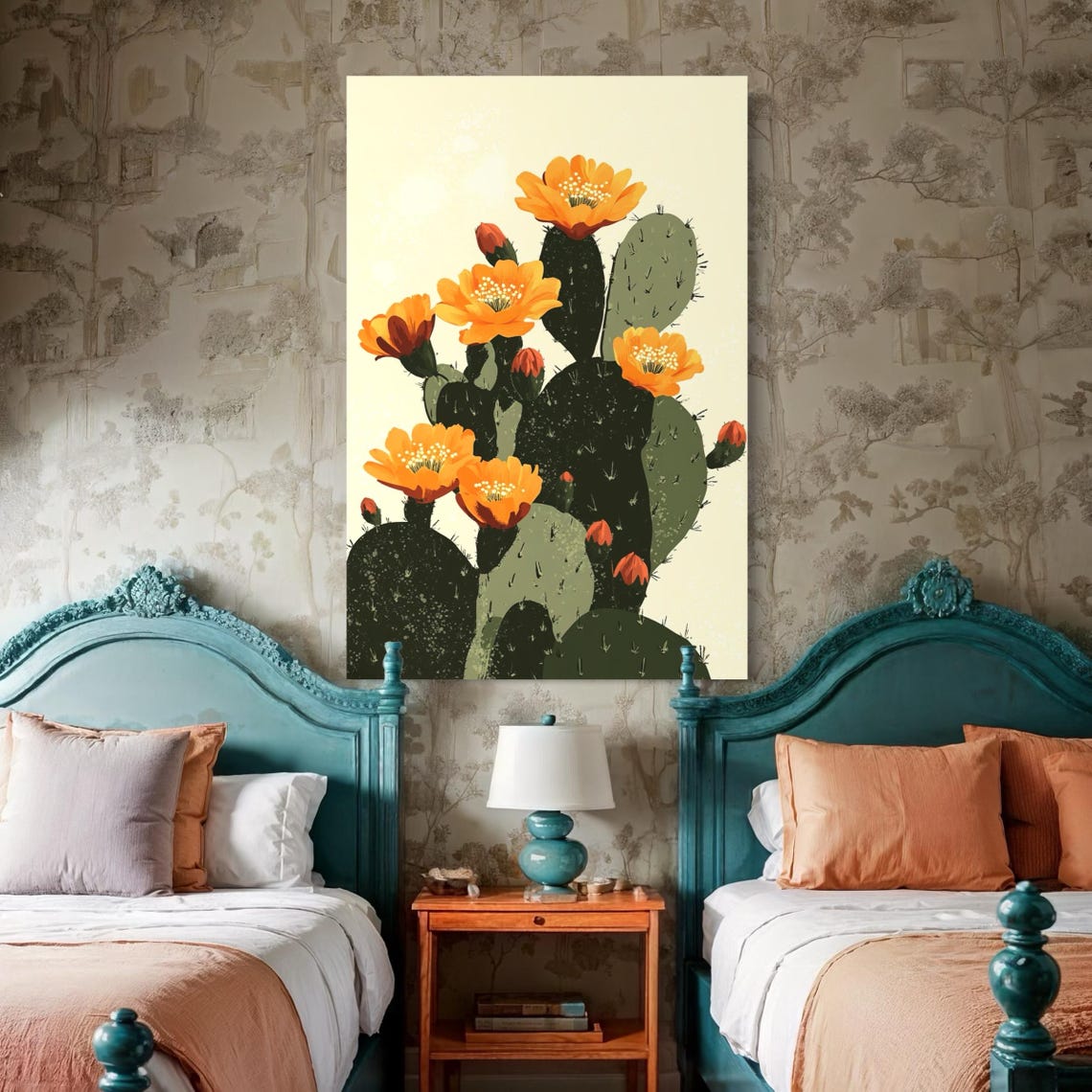 Room mockup with a cactus artwork hanging on a wall between green plants