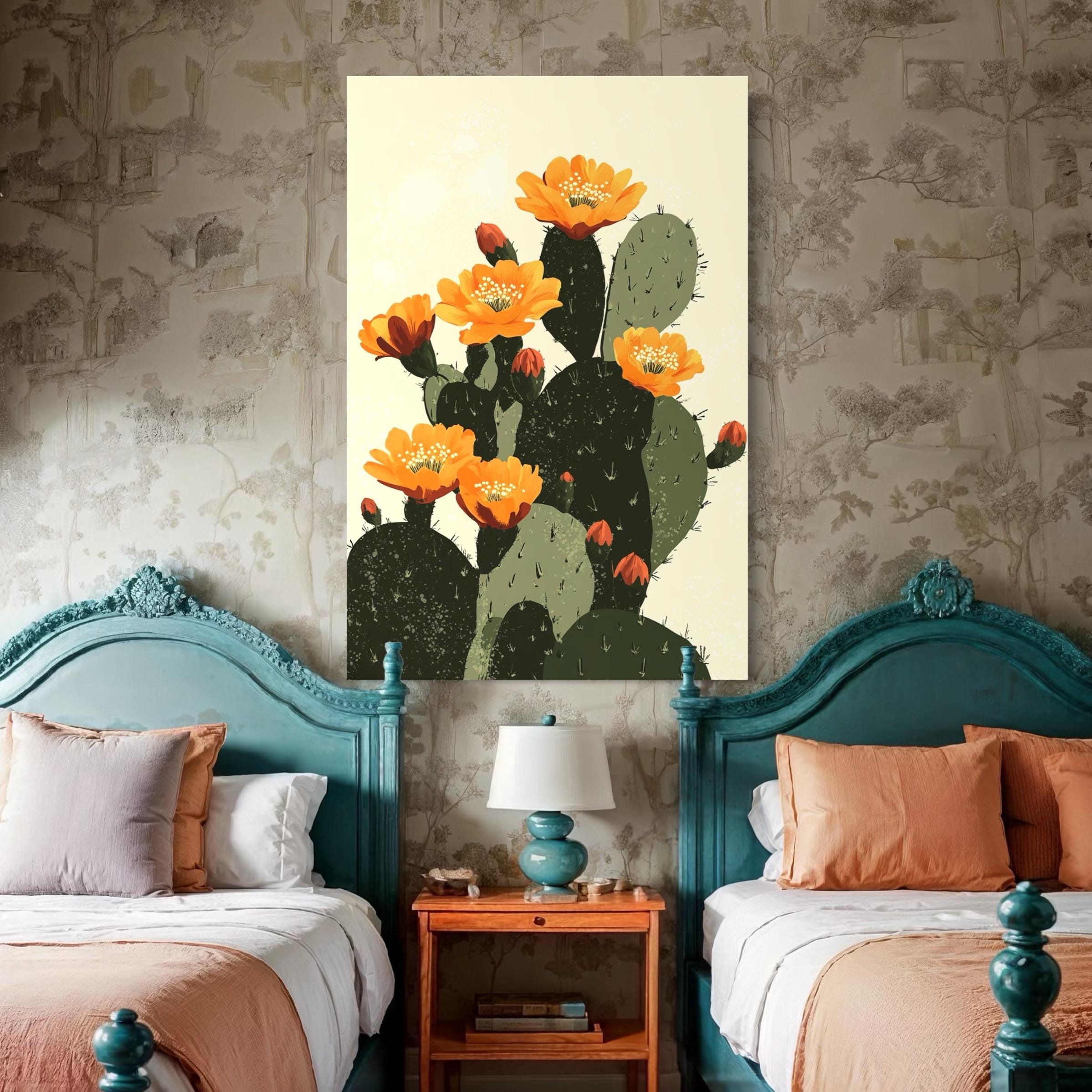 Room mockup with a cactus artwork hanging on a wall between green plants